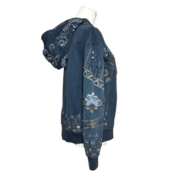 Driftwood Blue Teddy Rose Patchwork Embroidered Hooded Zip Sweatshirt Large - Picture 3 of 8